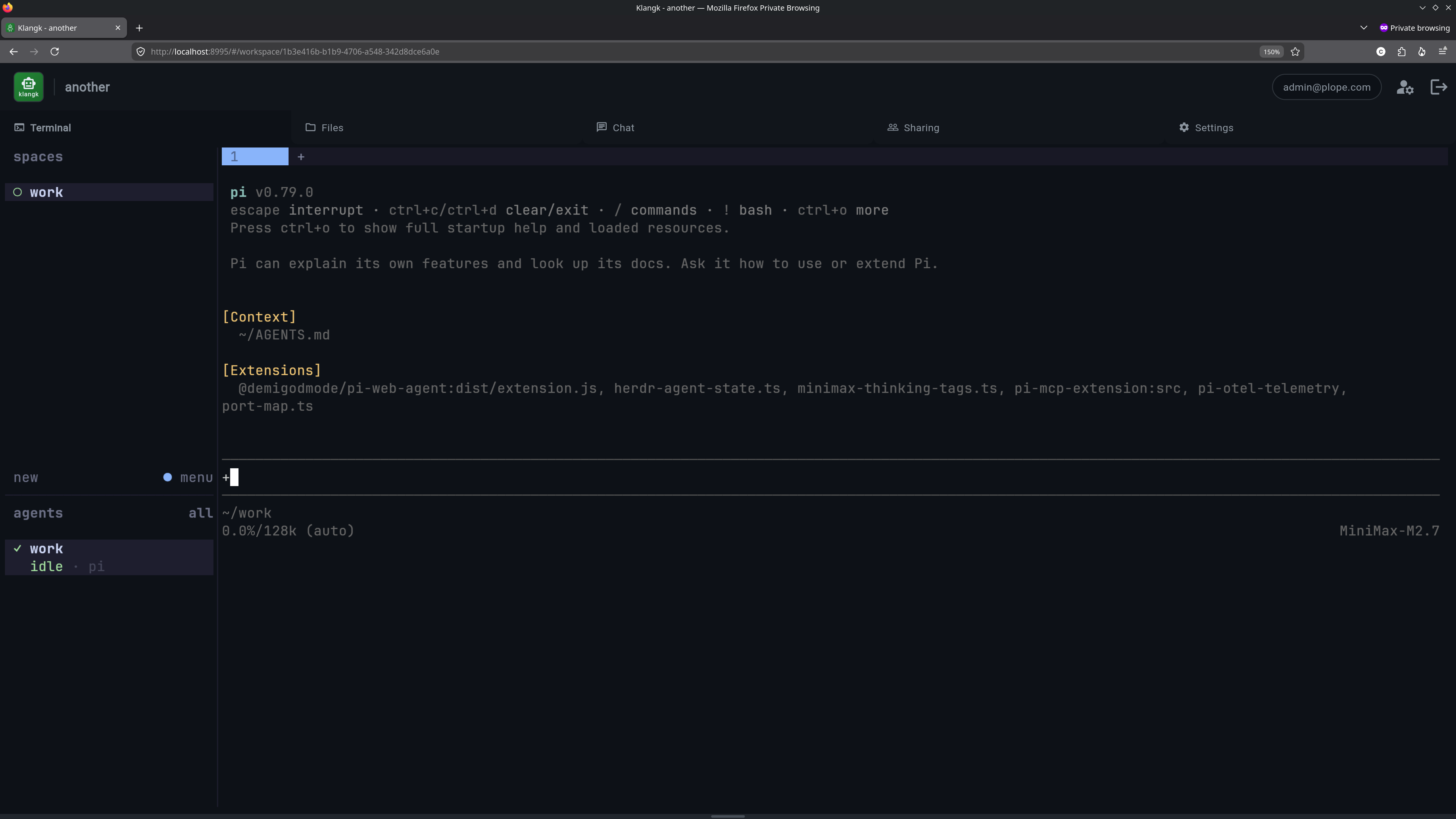 Klangk workspace showing terminal with Pi agent, chat panel, and file browser